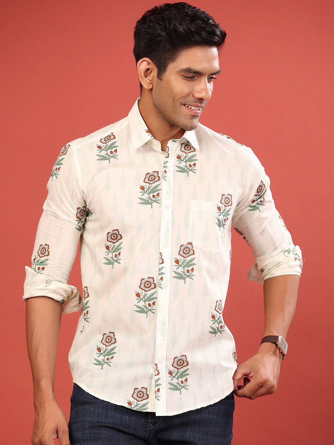 

Tistabene Men Off White Comfort Floral Printed Casual Shirt