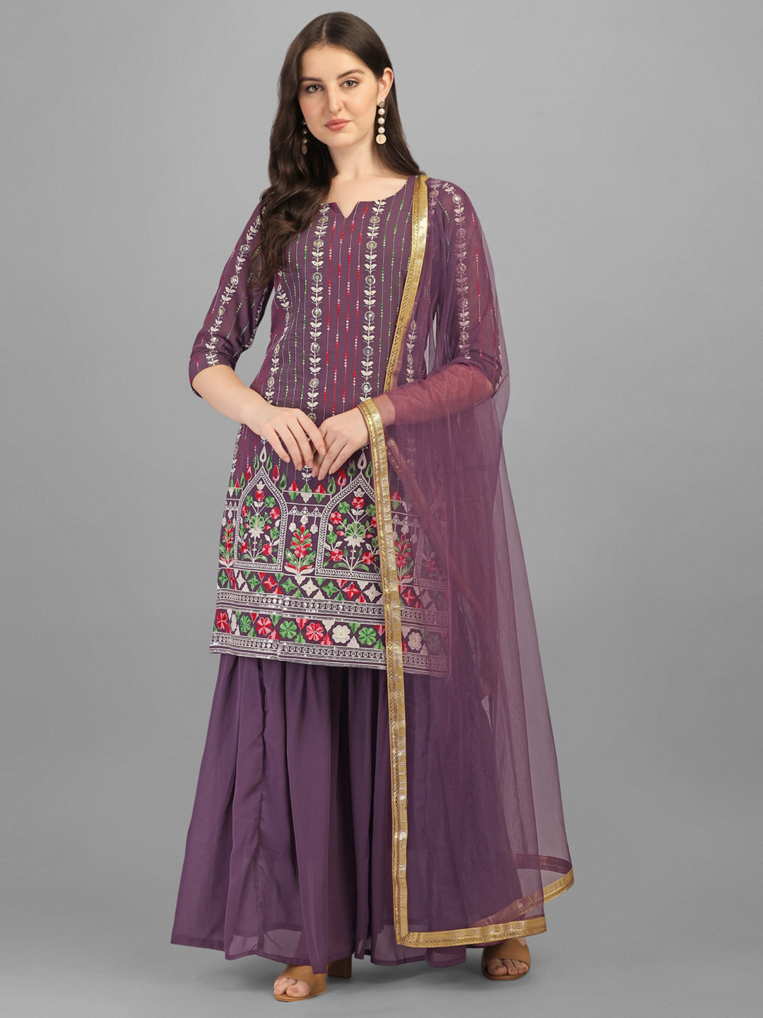

JATRIQQ Lavender & Gold-Toned Embroidered Silk Georgette Semi-Stitched Dress Material
