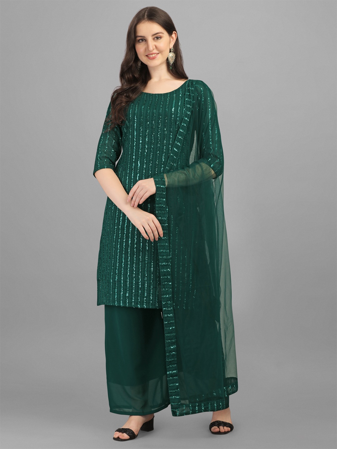 

JATRIQQ Teal Embroidered Faux Georgette Semi-Stitched Dress Material