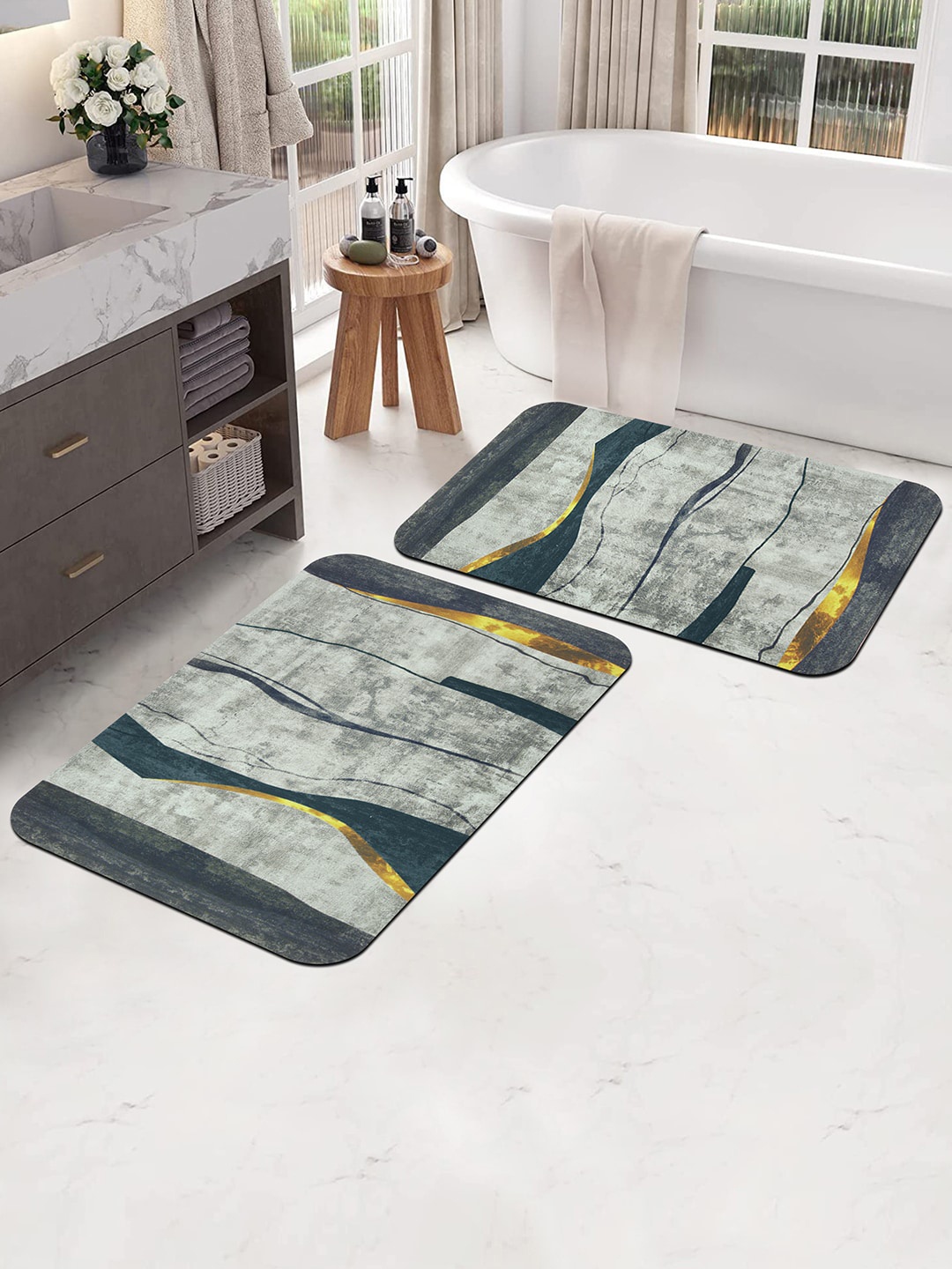 Story@Home Set Of 2 Grey & Yellow Abstract Printed Doormats