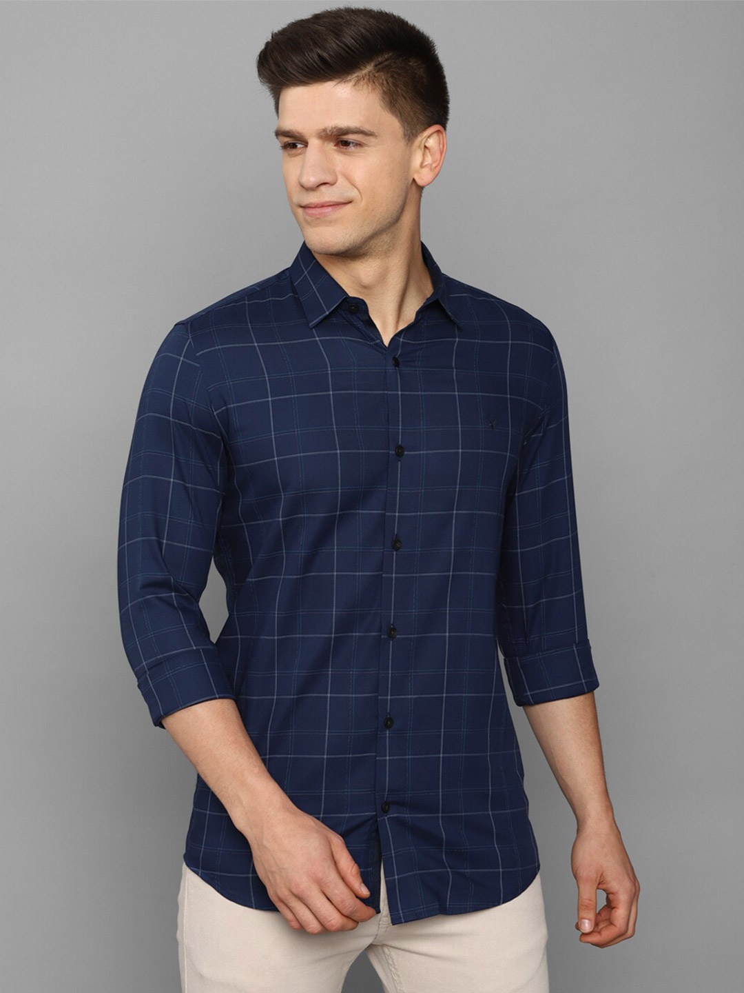 

Allen Solly Men Navy Blue Slim Fit Windowpane Checks 100% Cotton Casual Shirt