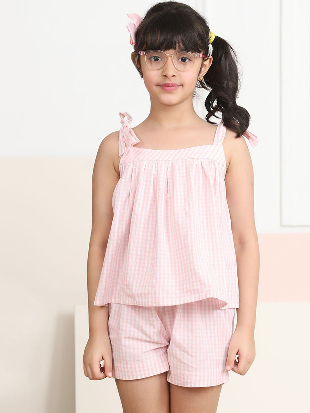 

Biglilpeople Kids Pink Checked Pure Cotton Shoulder Straps Top with Shorts