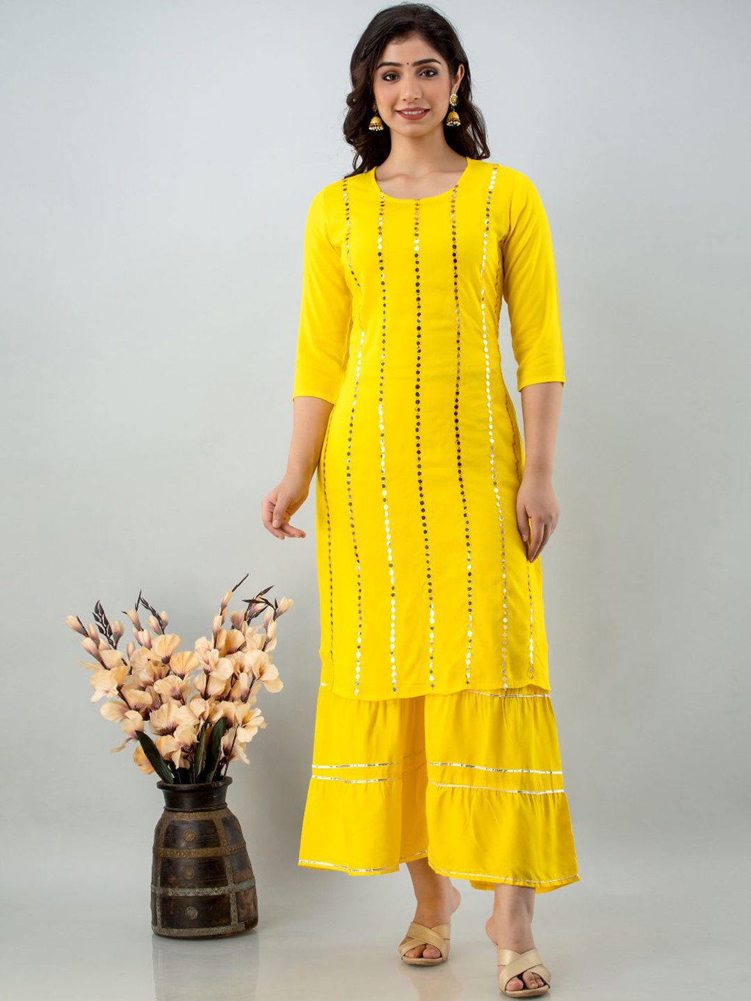 

Lovista Women Yellow Layered Mirror Work Kurta with Sharara