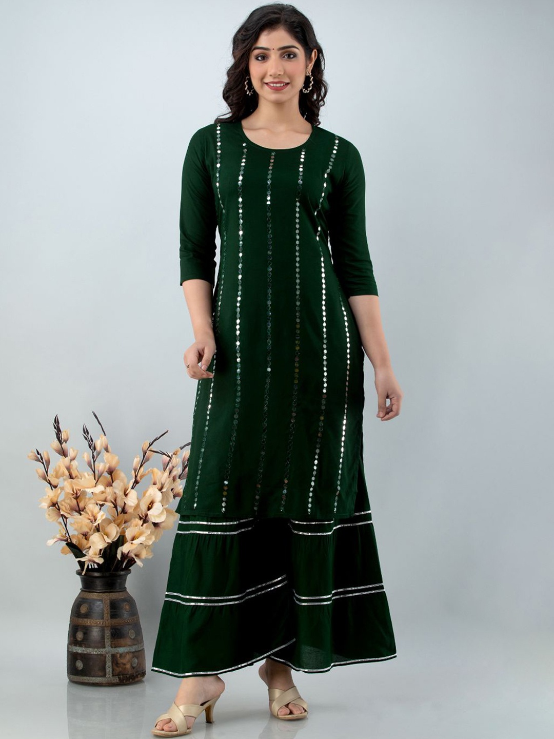 

Lovista Women Green Embroidered Panelled Mirror Work Kurta with Sharara