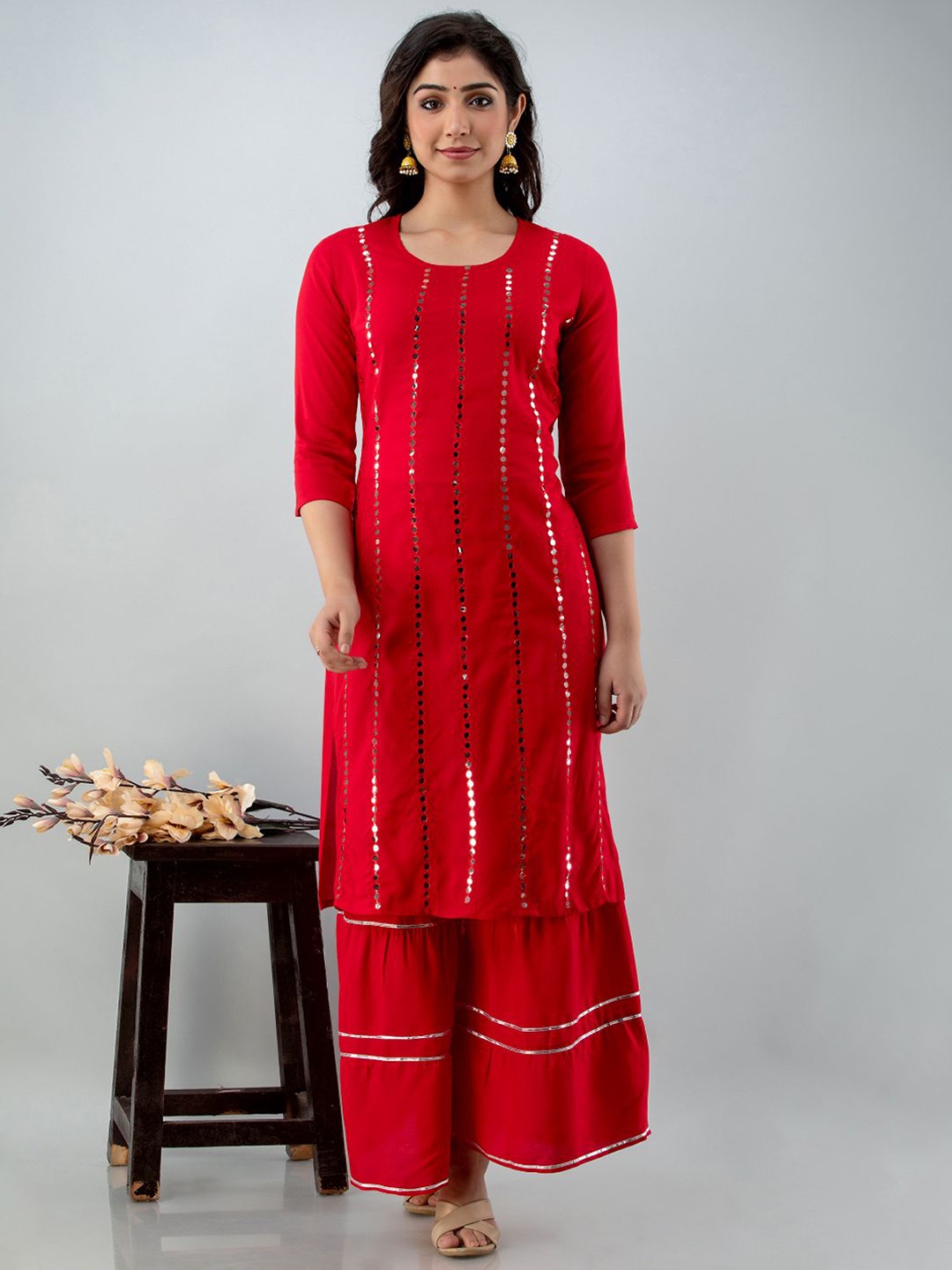 

Lovista Women Red Ethnic Motifs Embroidered Panelled Mirror Work Kurta with Sharara