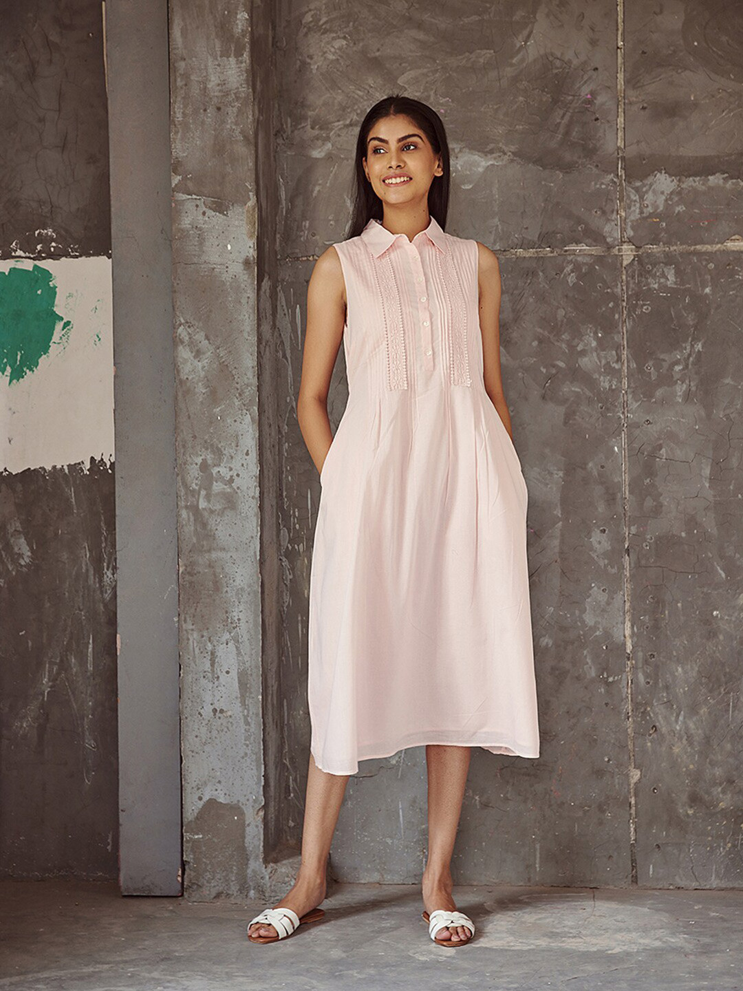 

Ancestry Women Pink Yoke Design A-Line Midi Dress