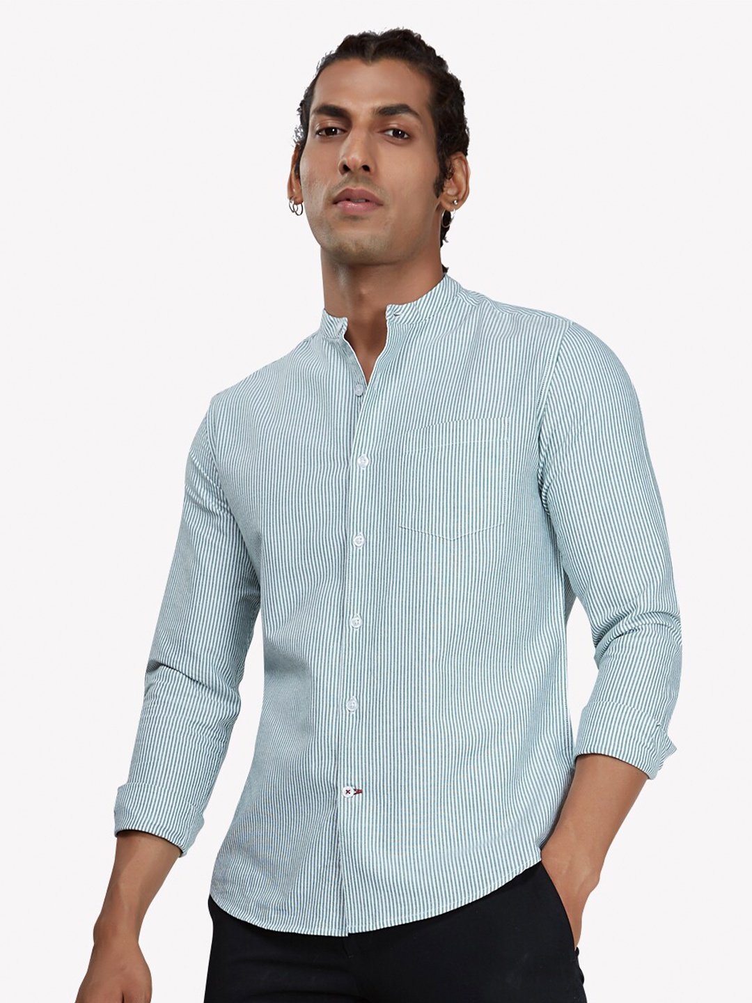 

VASTRADO Men Green & White Striped Regular Fit Cotton Casual Shirt