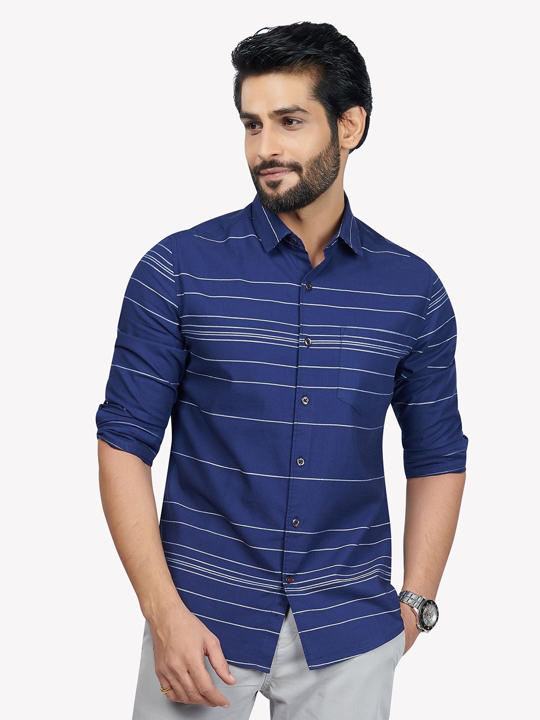 

VASTRADO Men Navy Blue Horizontal Stripes Striped Casual Shirt