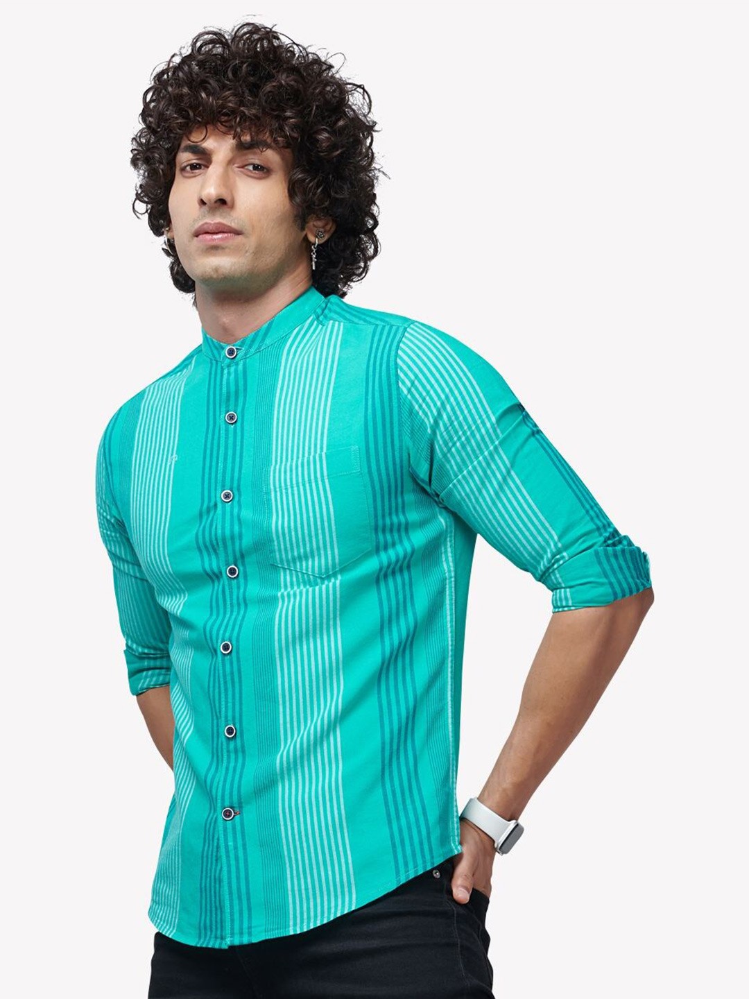 

VASTRADO Men Turquoise Blue Striped Casual Shirt