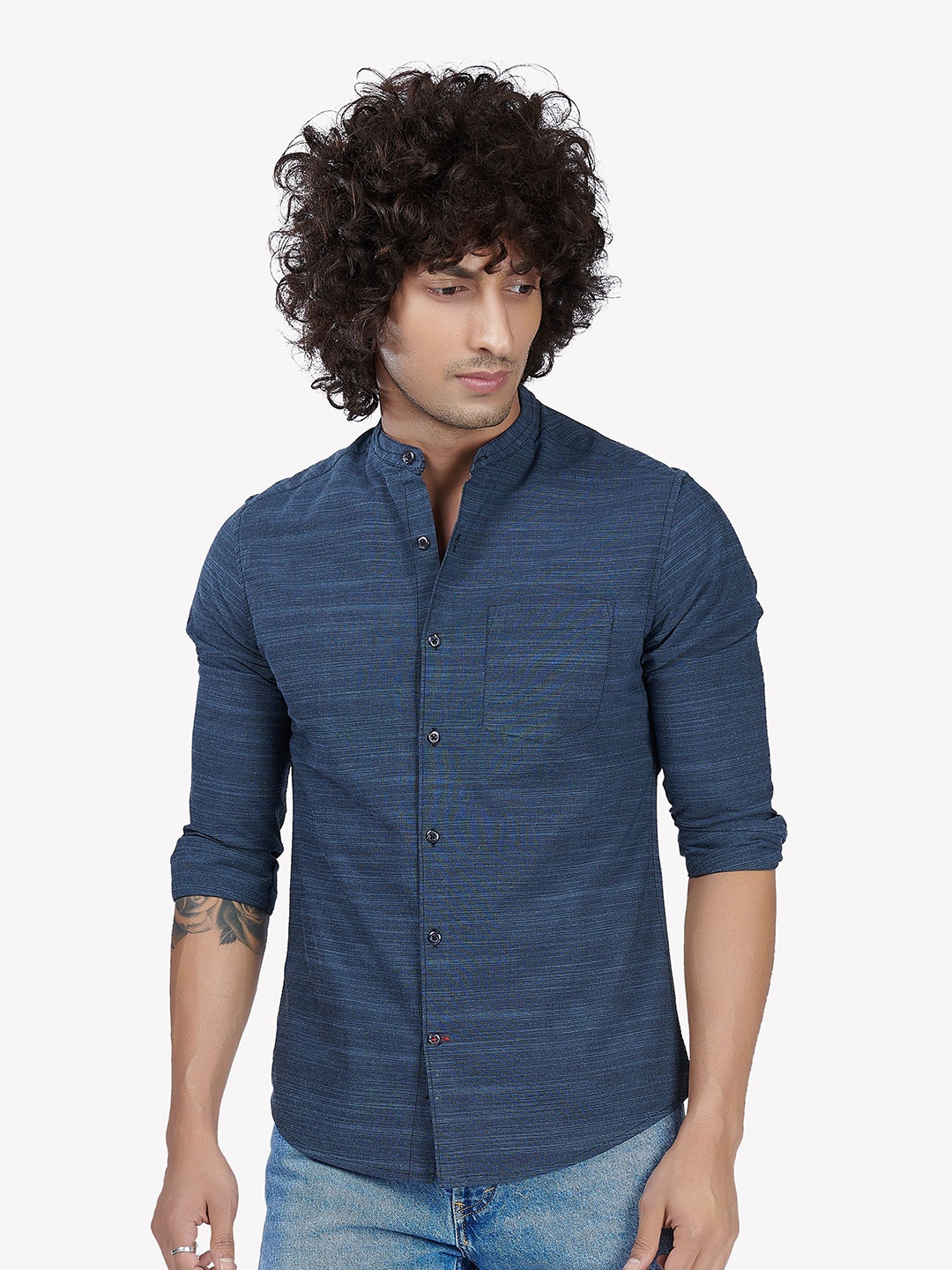 

VASTRADO Men Navy Blue Horizontal Stripes Checked Casual Shirt