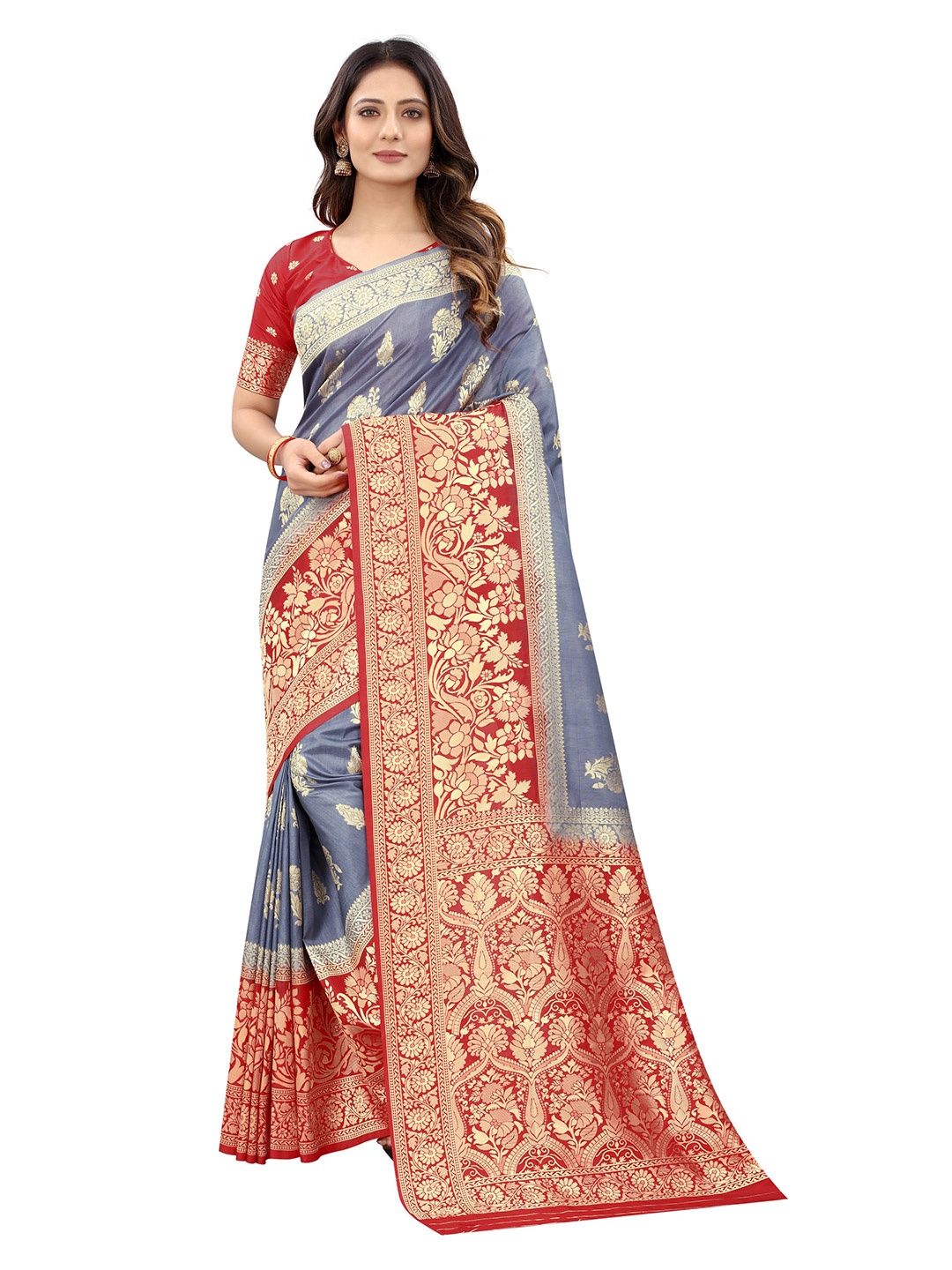 

WELL WORN Grey & Red Woven Design Zari Silk Cotton Banarasi Saree