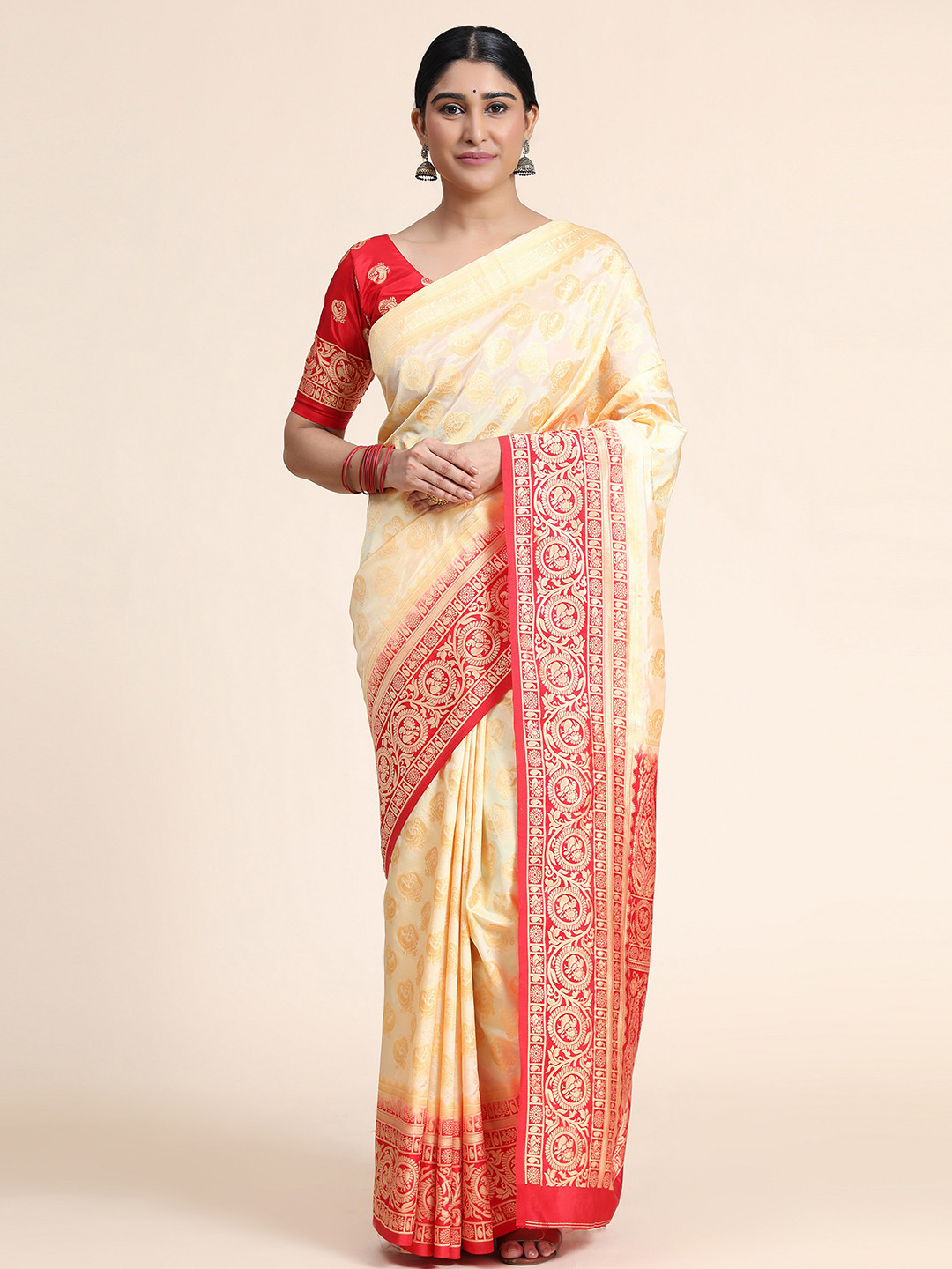 

WELL WORN Beige & Red Woven Design Silk Cotton Banarasi Saree