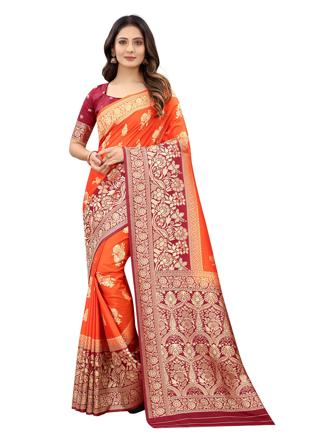 

WELL WORN Orange & Burgundy Woven Design Silk Cotton Banarasi Saree