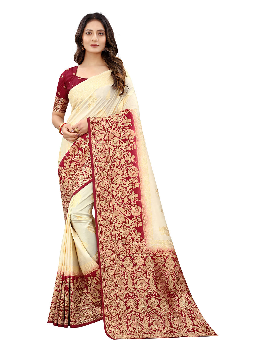 

WELL WORN Beige & Maroon Woven Design Silk Cotton Banarasi Saree