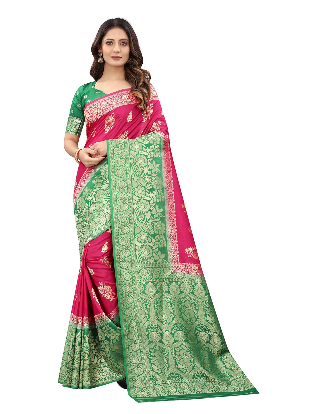 

WELL WORN Pink & Green Woven Design Zari Silk Cotton Banarasi Saree