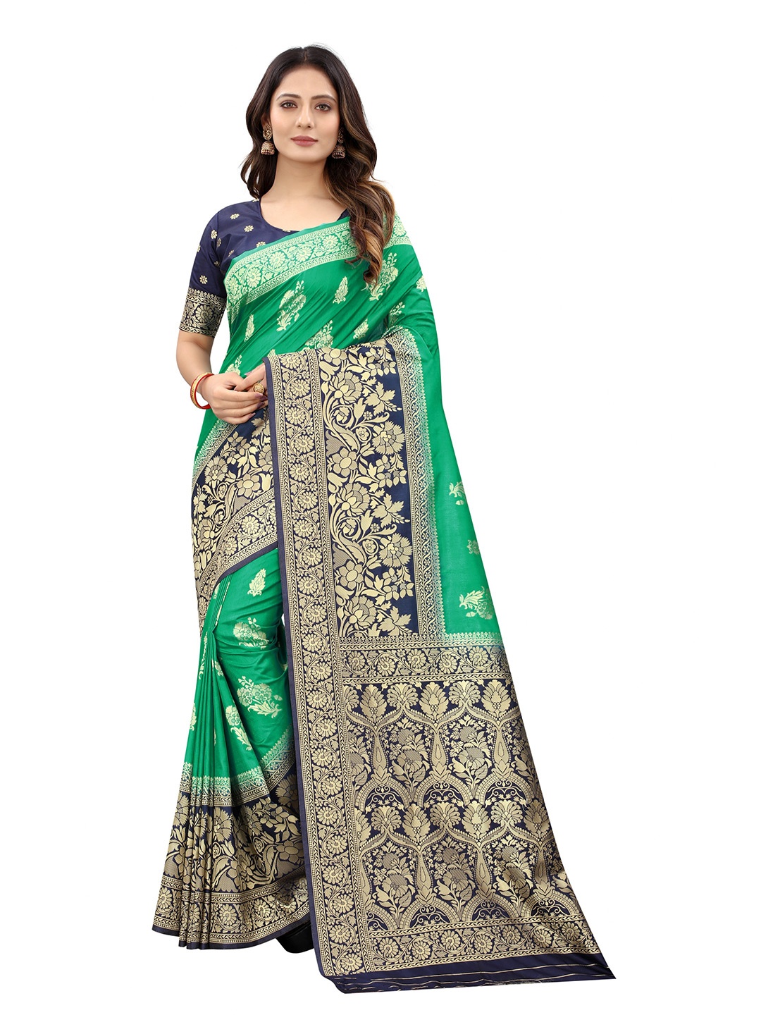 

WELL WORN Green & Navy Blue Woven Design Silk Cotton Banarasi Saree