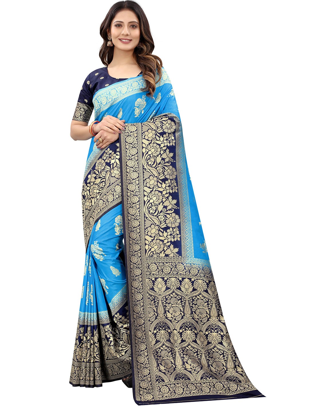 

WELL WORN Blue & Gold-Toned Woven Design Zari Silk Cotton Banarasi Saree
