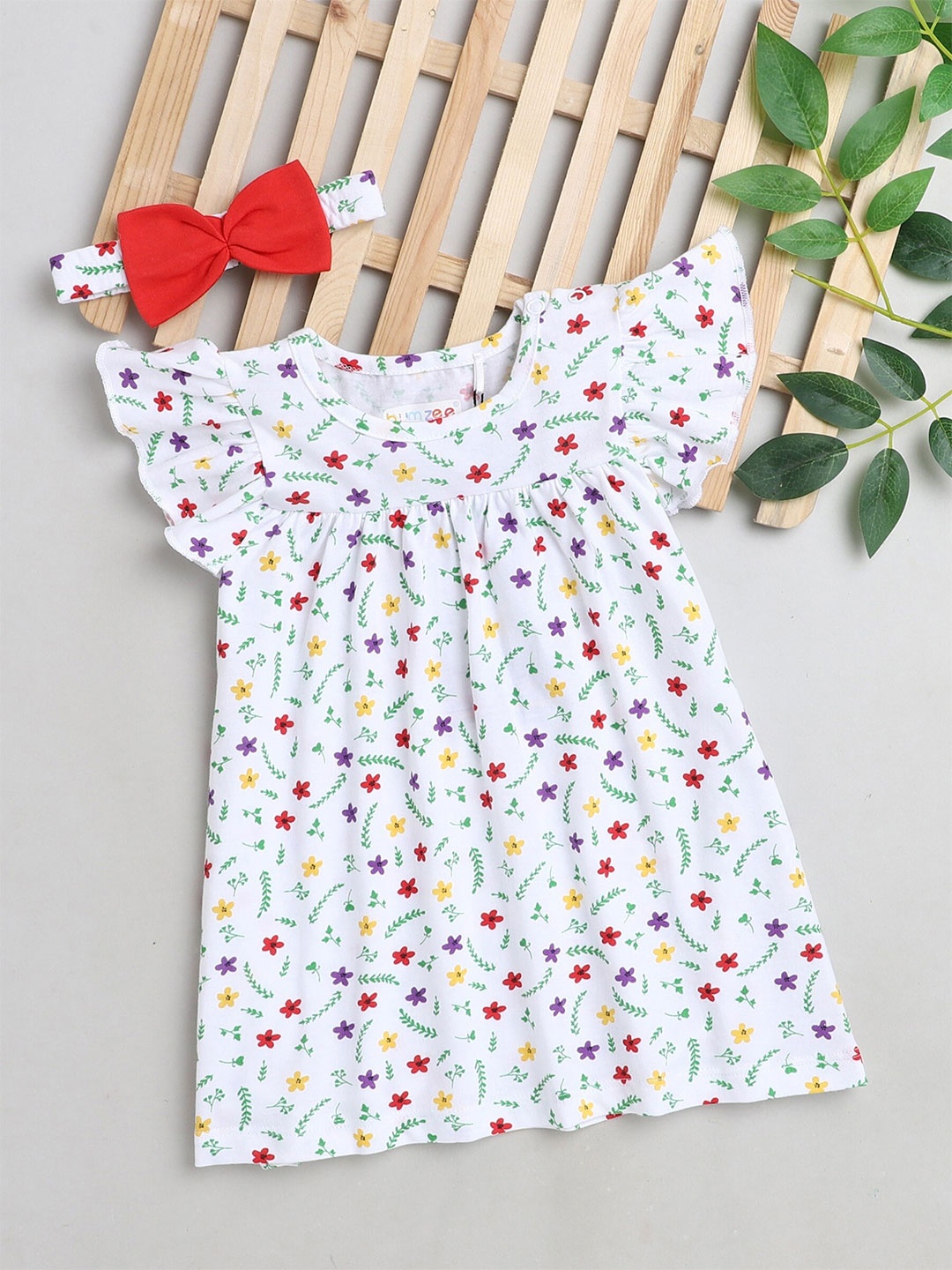 

BUMZEE Kids Girls White Floral Print Frock with Hair Band
