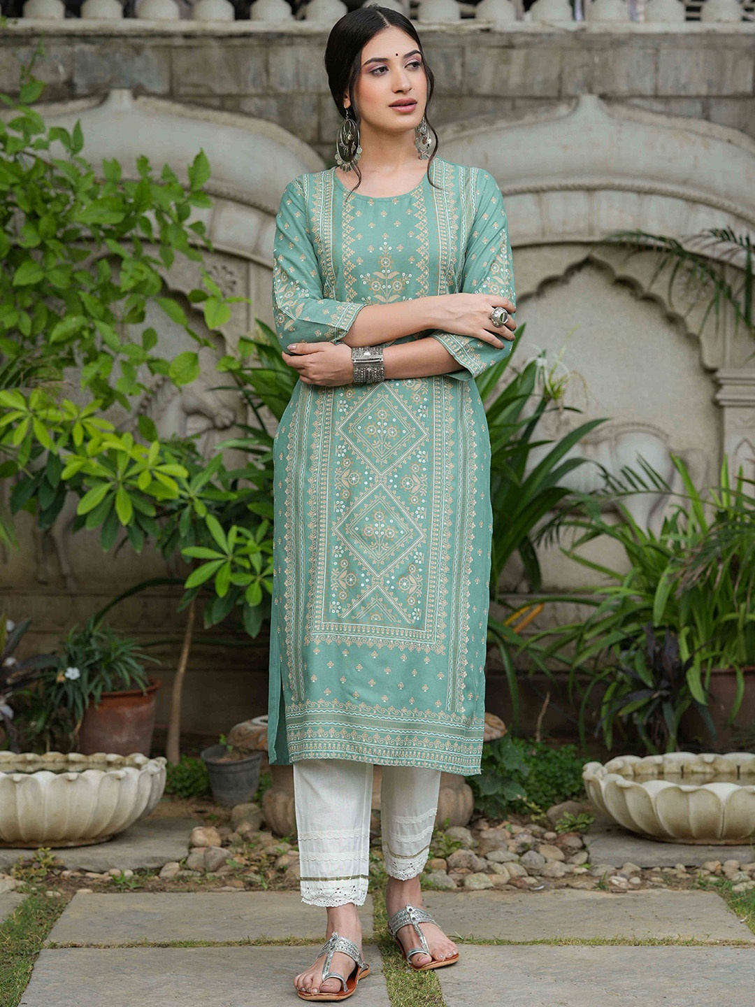 

Juniper Women Sea Green Ethnic Motifs Printed Kurta