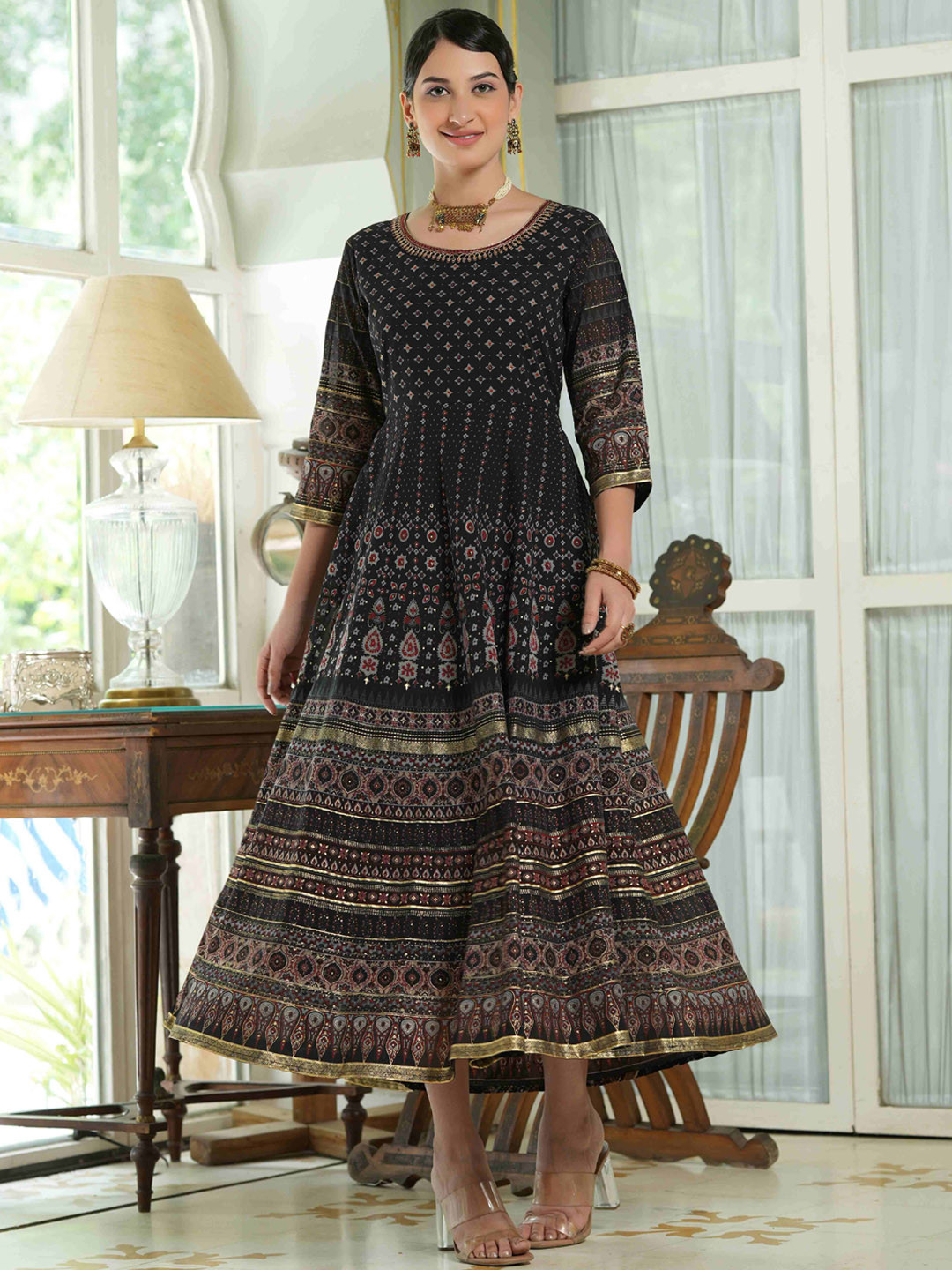 

Juniper Women Black Striped Flared Sleeves Thread Work Georgette Anarkali Kurta