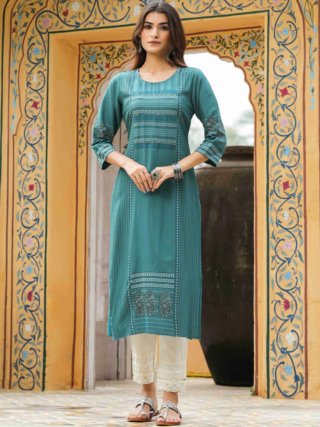 

Juniper Women Teal Ethnic Motifs Printed Kurta