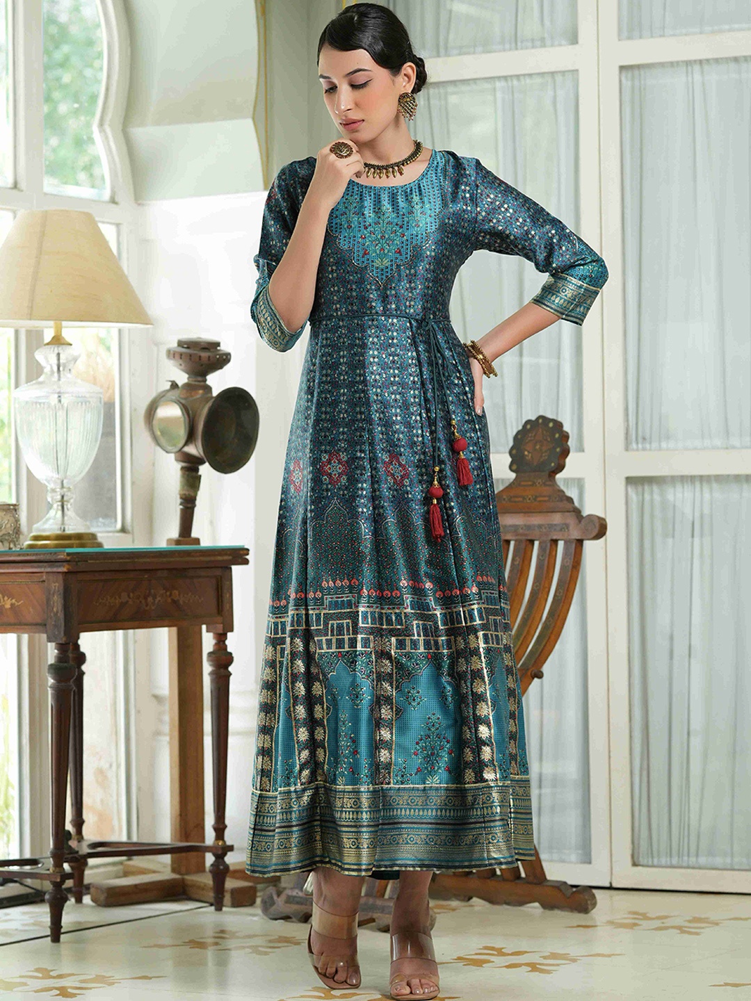 

Juniper Women Teal Printed Satin Anarkali Kurta