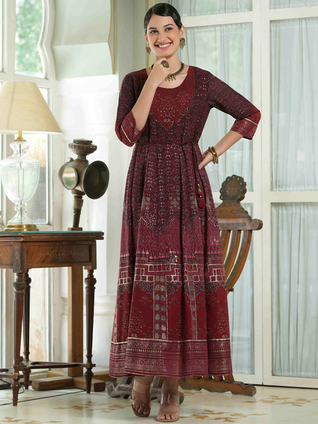 

Juniper Women Maroon Printed Flared Sleeves Georgette Anarkali Kurta