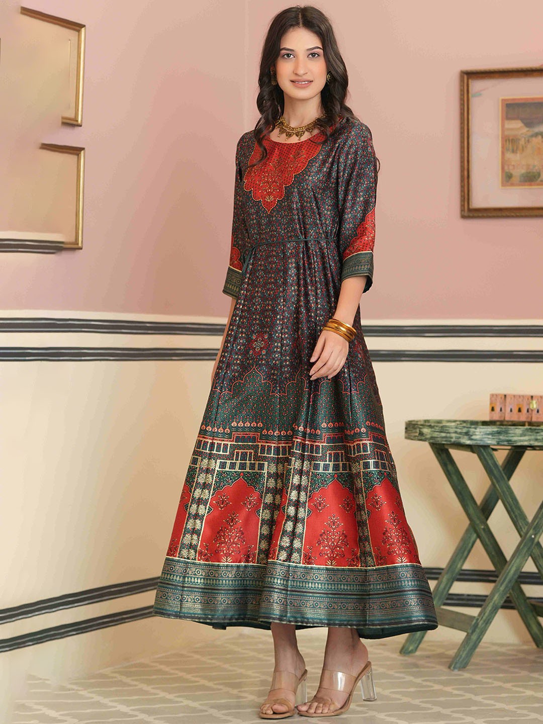 

Juniper Women Green Satin Anarkali Kurta