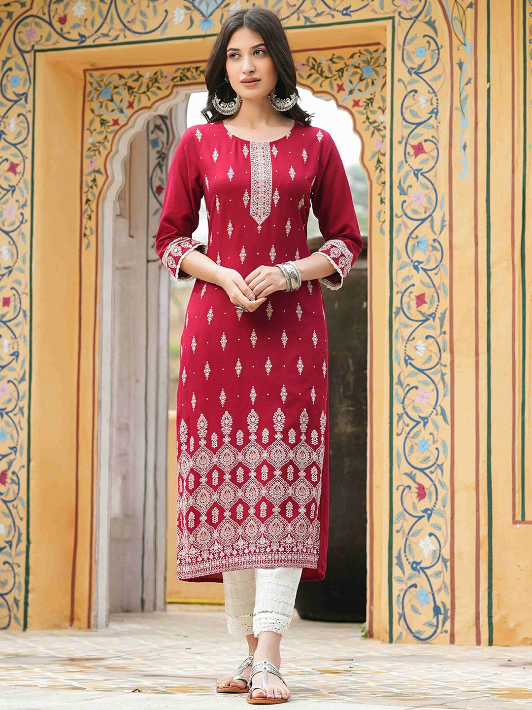 

Juniper Women Maroon Ethnic Motifs Printed Keyhole Neck Flared Sleeves Kurta