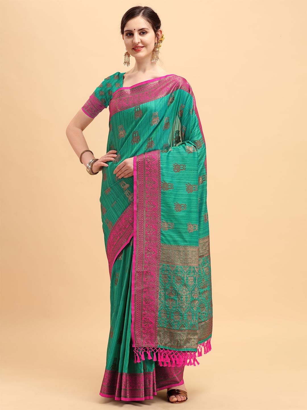 

VISHNU WEAVES Green Ethnic Motifs Zari Art Silk Banarasi Saree