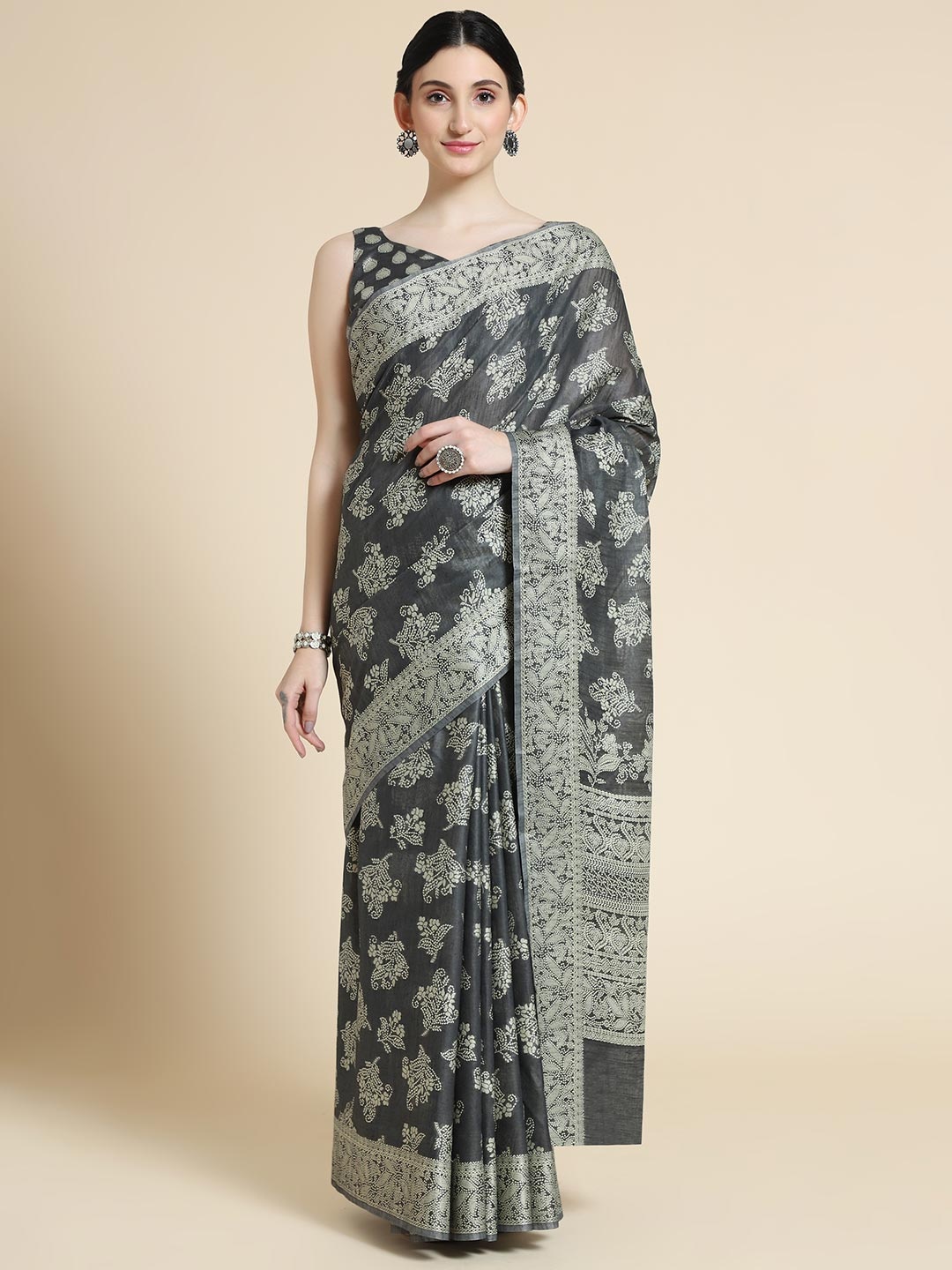 

VISHNU WEAVES Ethnic Motif Woven Design Printed Pure Cotton Saree, Peach