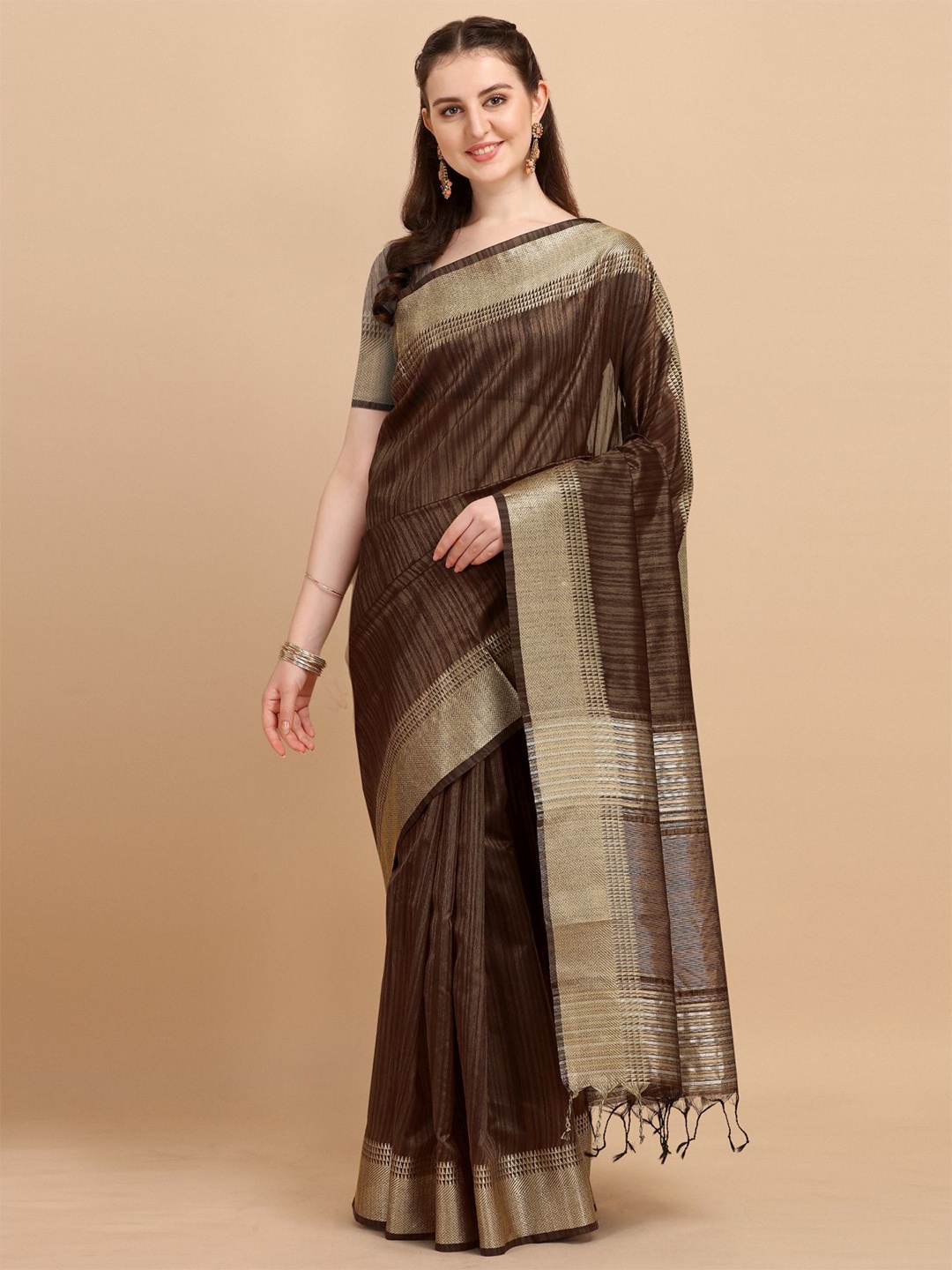 

VISHNU WEAVES Coffee Brown Zari Silk Blend Tussar Saree