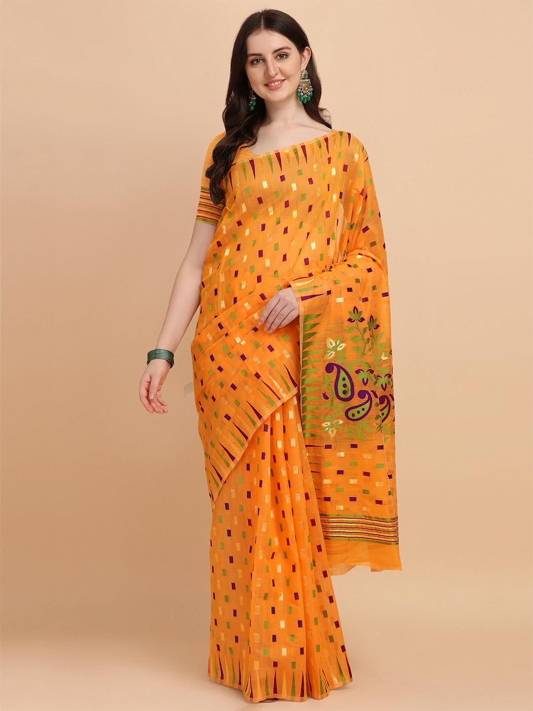 

VISHNU WEAVES Cream-Coloured & Orange Woven Design Jamdani Saree