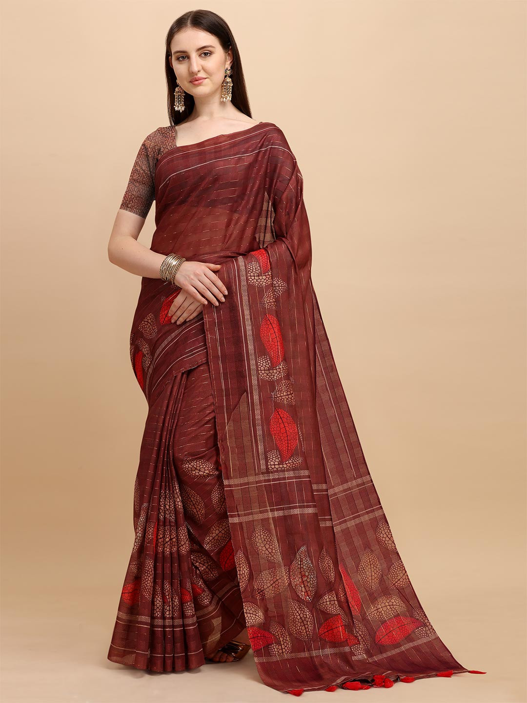 

VISHNU WEAVES Coffee Brown & Maroon Floral Zari Chanderi Saree