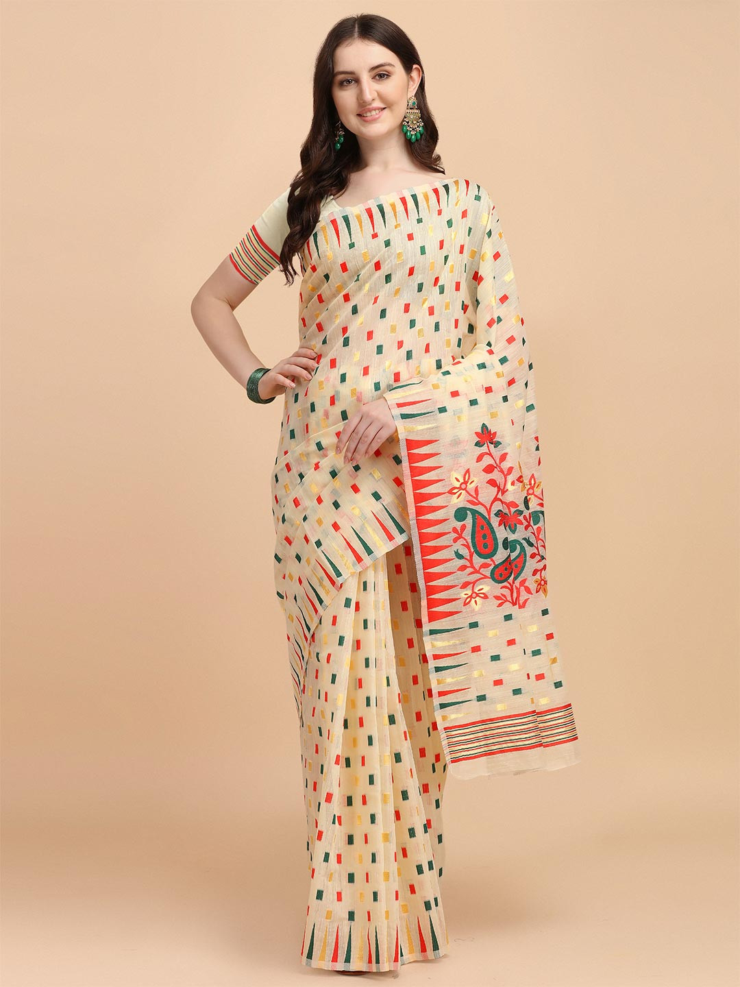 

VISHNU WEAVES Cream-Coloured & Pink Woven Design Jamdani Saree