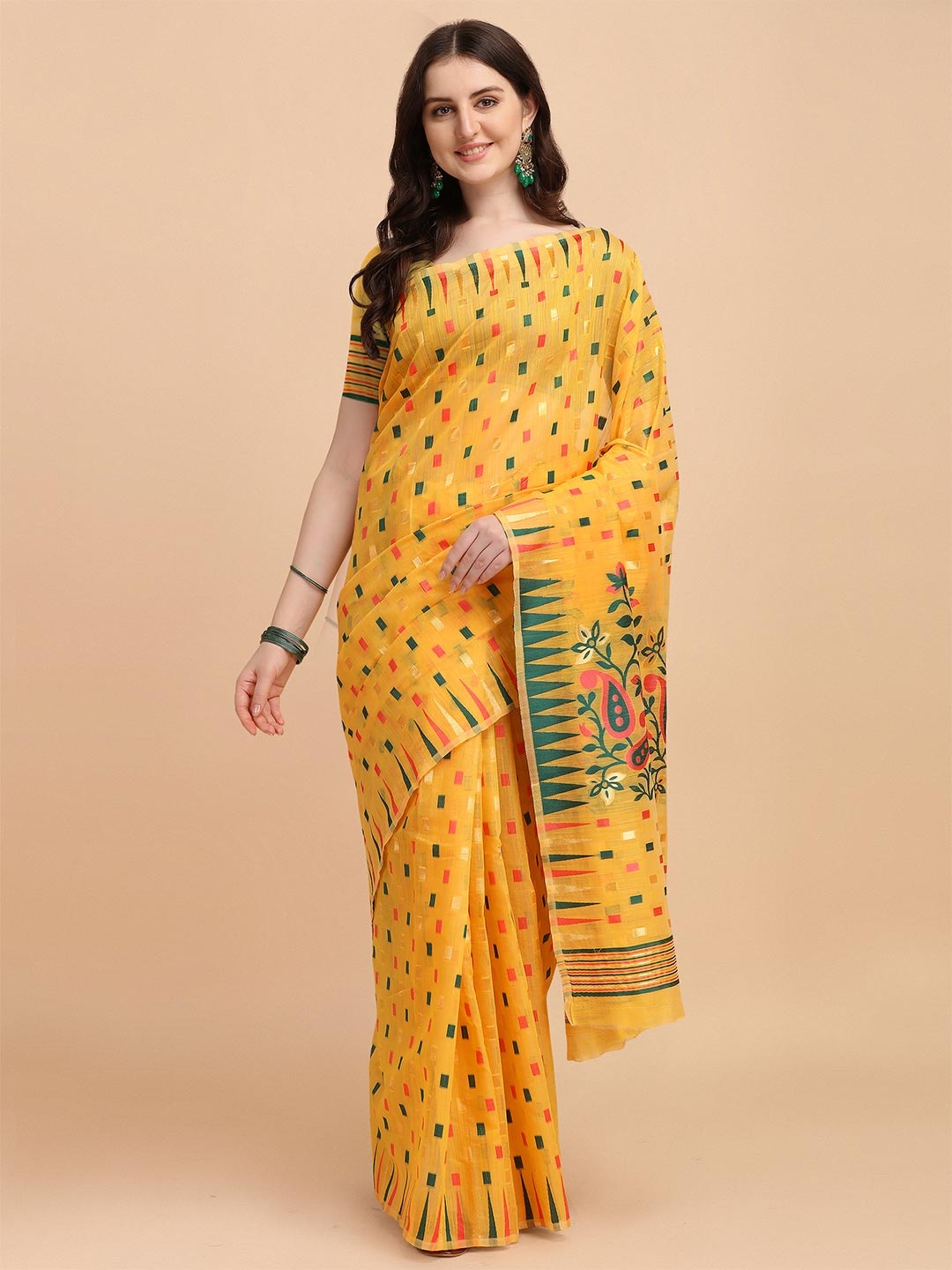 

VISHNU WEAVES Yellow & Green Woven Design Zari Jamdani Saree