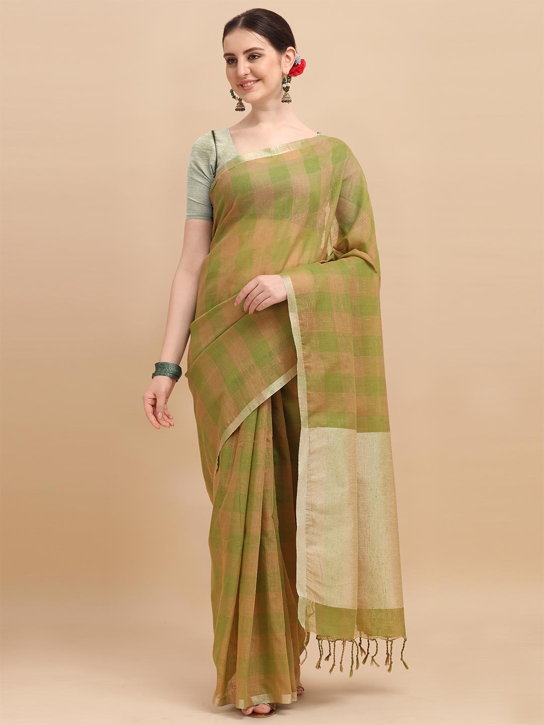 

VISHNU WEAVES Zari Pure Linen Banarasi Saree, Olive