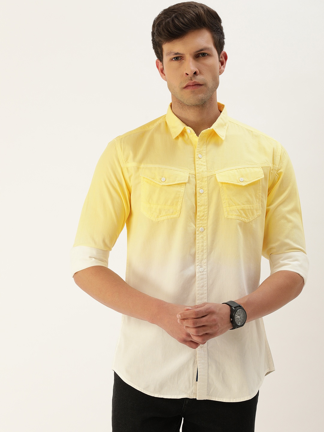 

Bene Kleed Men Ombre Slim Fit Pure Cotton Casual Shirt, Yellow