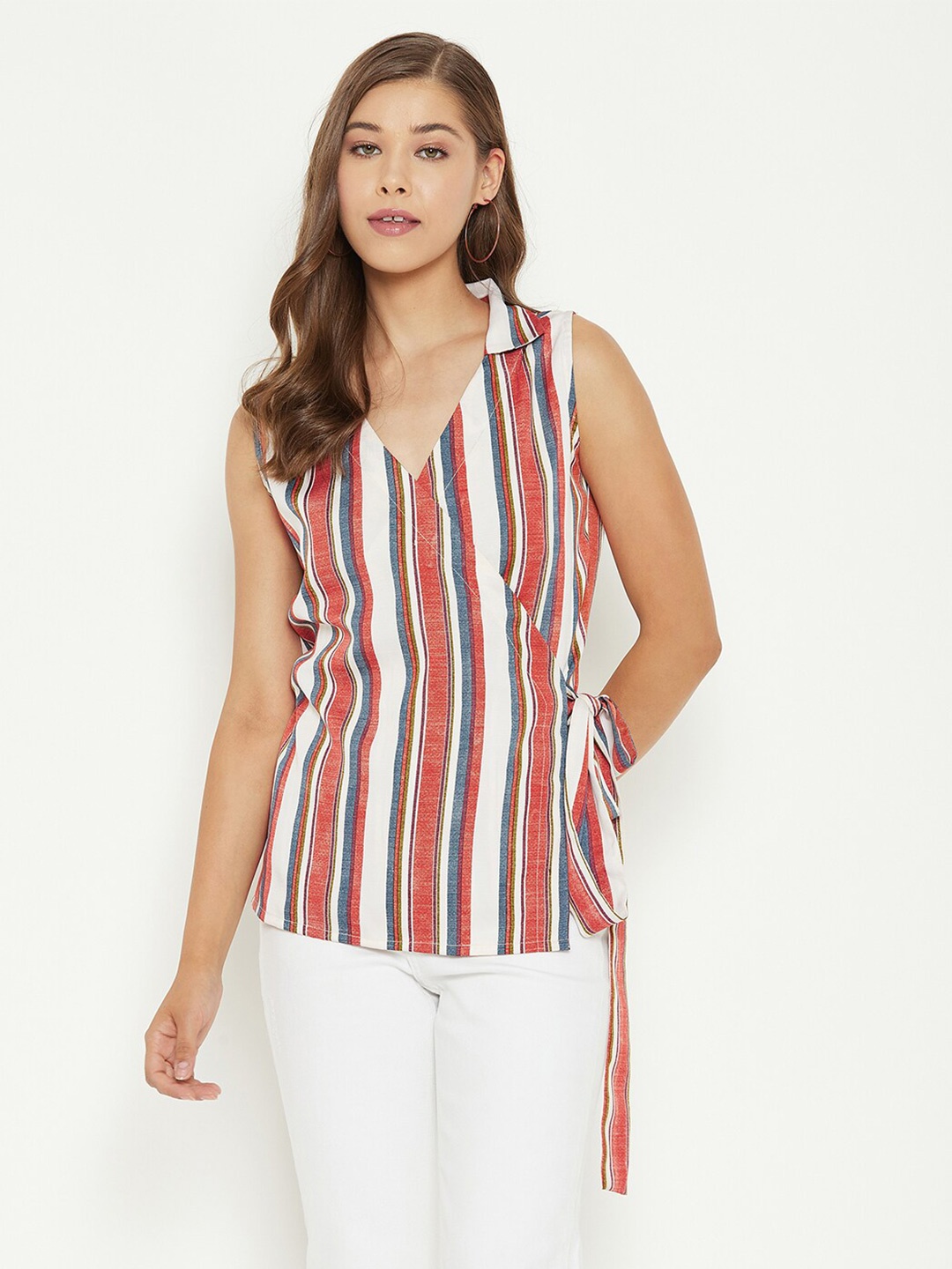 

PURYS Off White & Red Striped Wrap Top