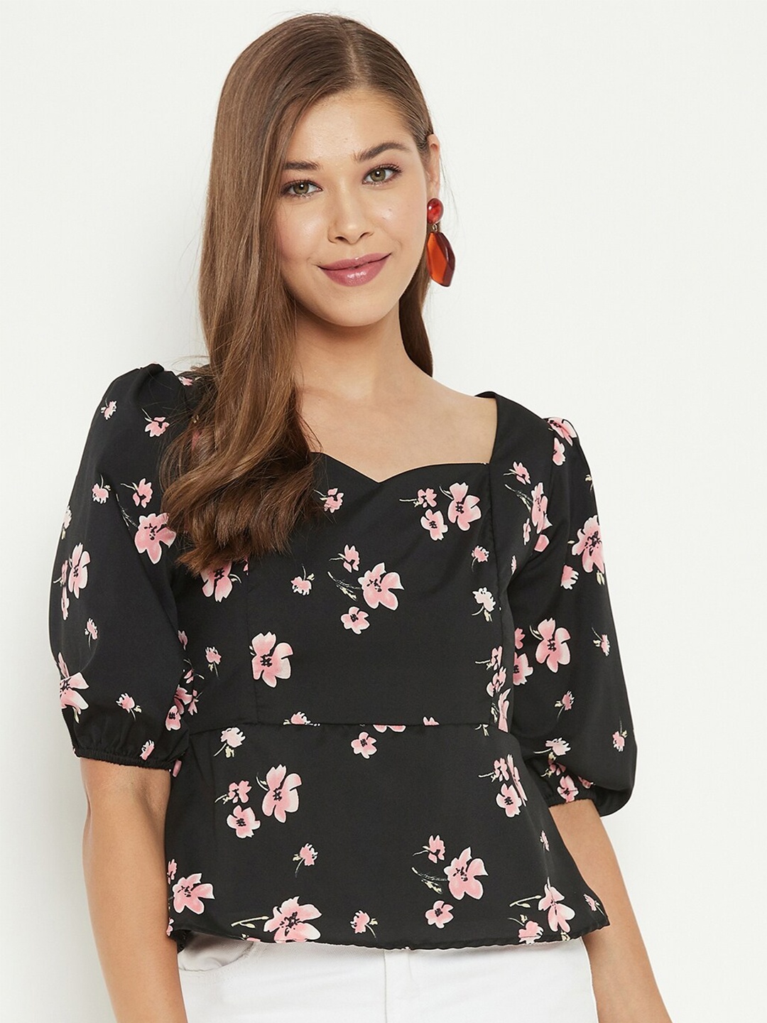 

PURYS Black Floral Print Crepe Styled Back Top