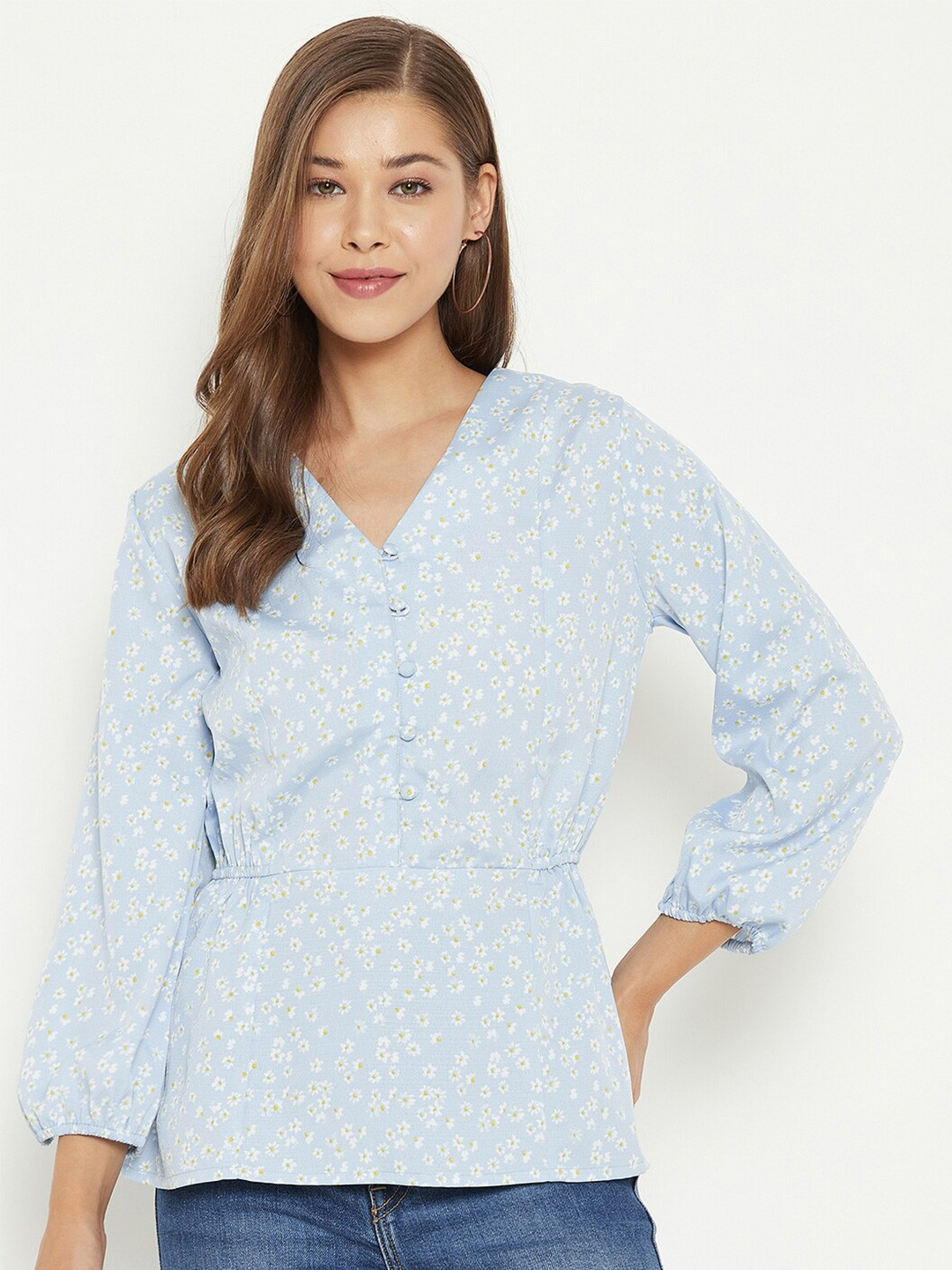 

PURYS Women Blue & White Floral Print Cinched Waist Top