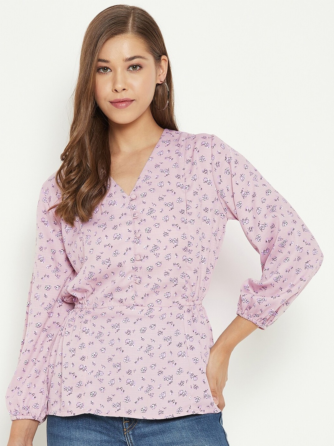 

PURYS Mauve Floral Print Wrap Top