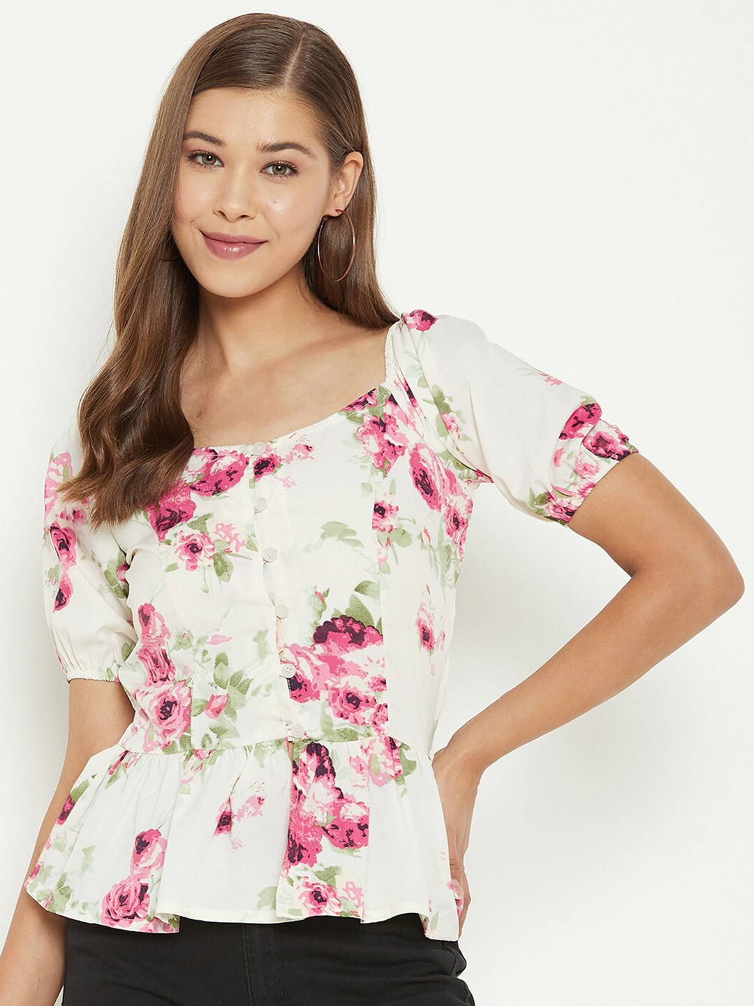 

PURYS Off White Floral Print Crepe Peplum Top