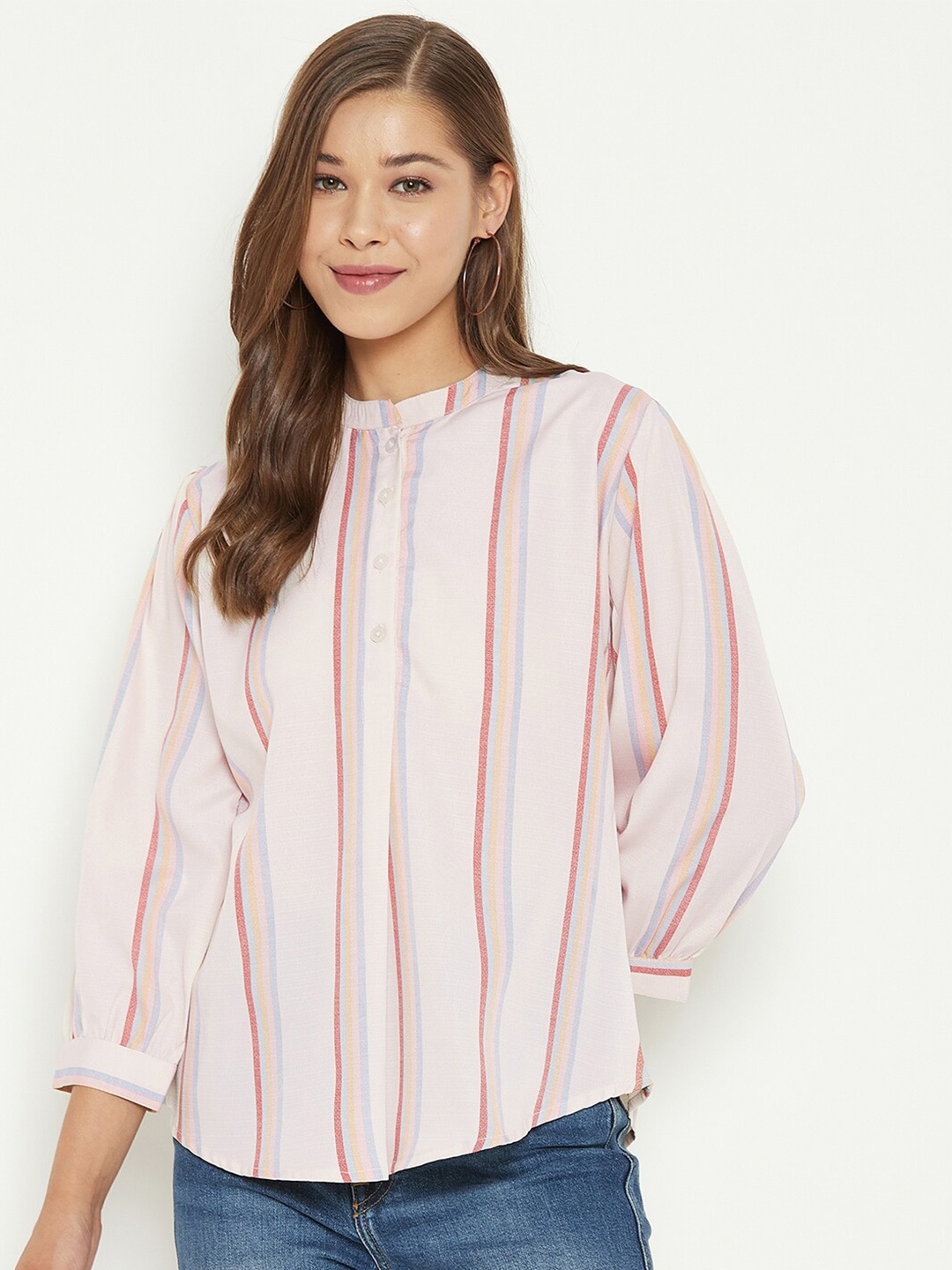 

PURYS Women Nude-Coloured Smart Striped Top