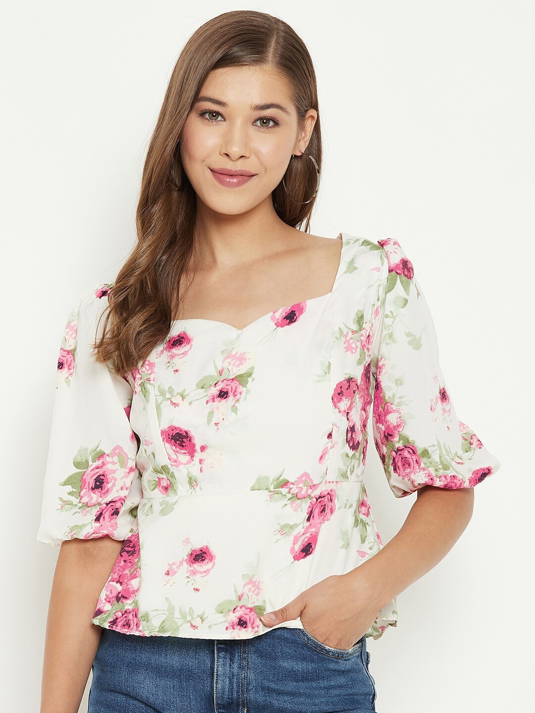 

PURYS Off White Floral Print Crepe Smoked Back Top