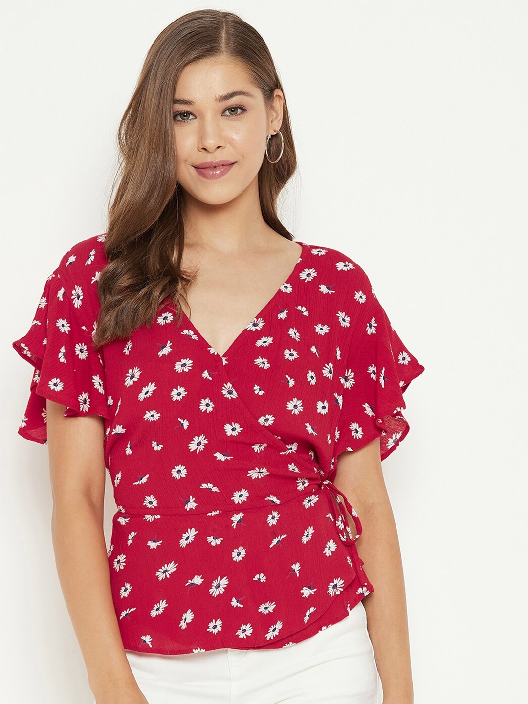 

PURYS Red Floral Print Crepe Top