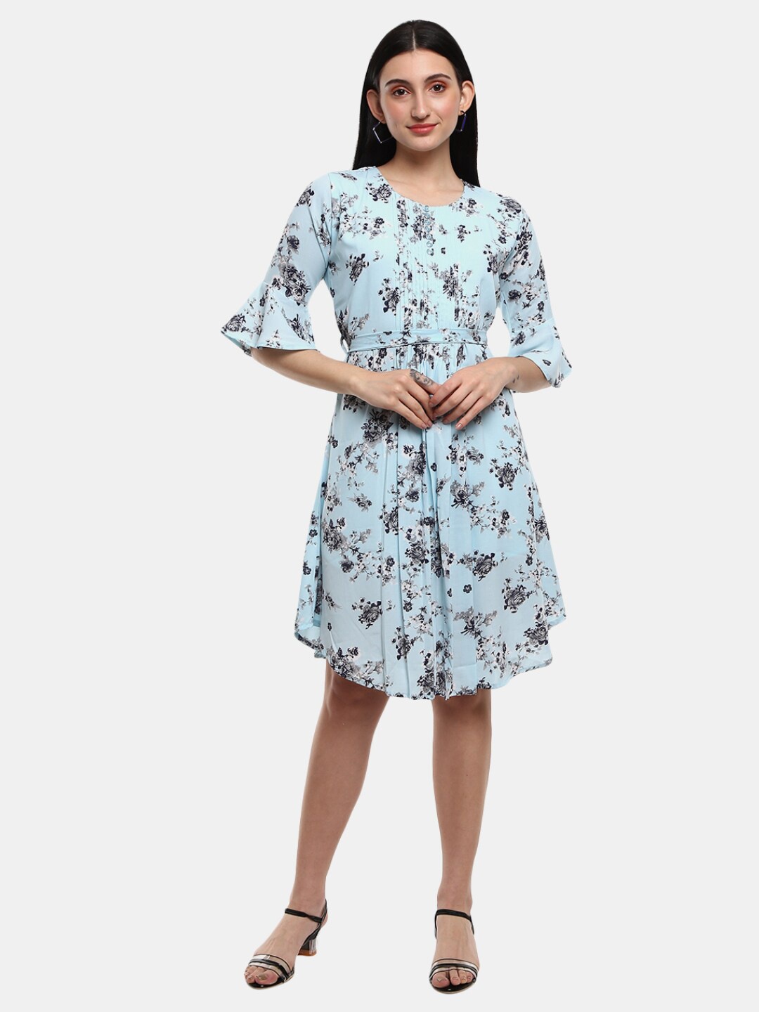

V-Mart Blue Floral Satin Fit & Flare Dress