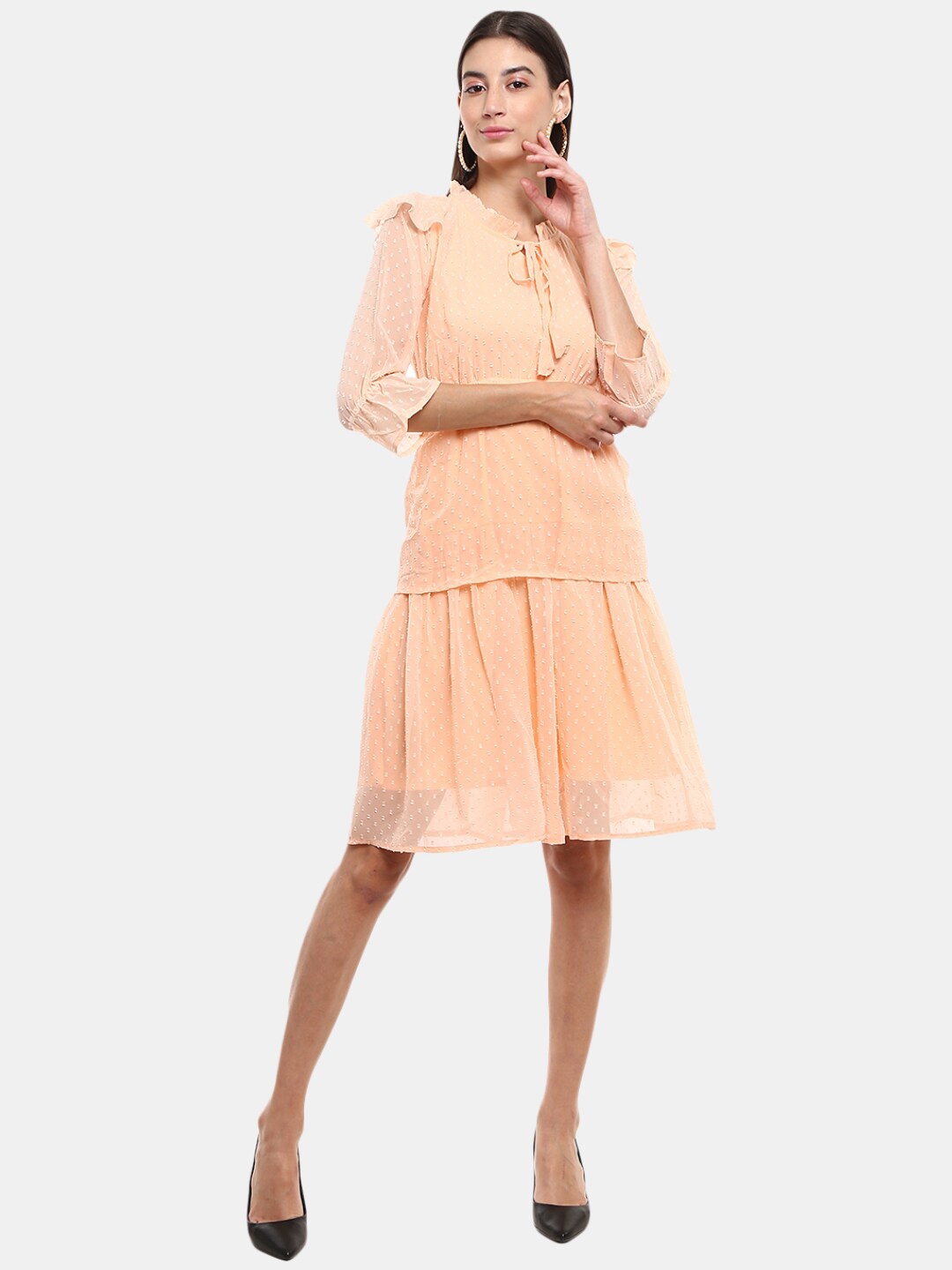 

V-Mart Peach-Coloured Tie-Up Neck Satin A-Line Dress