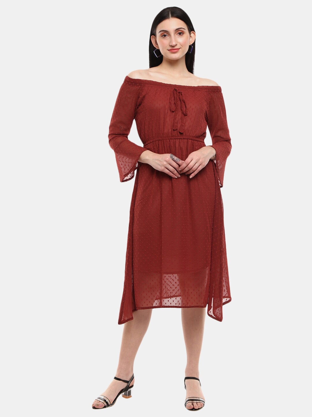

V-Mart Rust Off-Shoulder Satin Midi Dress