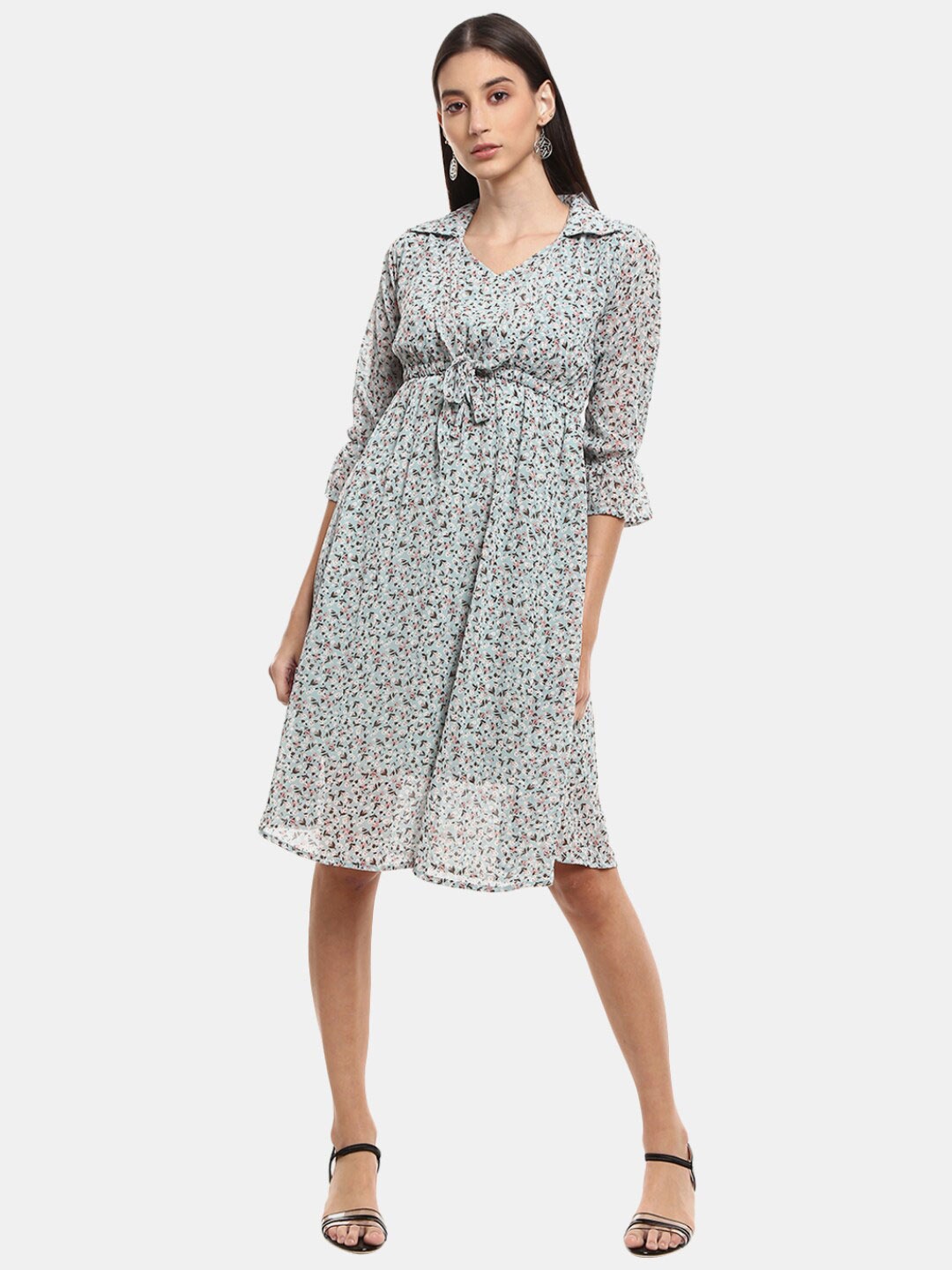 

V-Mart Blue Floral Satin Fit & Flare Dress
